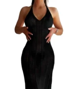 Halter Neck Crochet Knit Beach Cover-Up Dress - Image 4