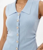 Sleeveless Rib-Knit Polo Cardigan with Pearl Buttons - Image 2