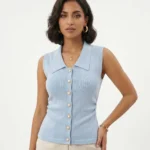 Sleeveless Rib-Knit Polo Cardigan with Pearl Buttons