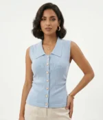 Sleeveless Rib-Knit Polo Cardigan with Pearl Buttons