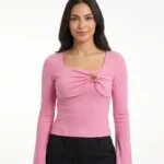 Square Neck Gathered Long Sleeve Top with Sunburst Brooch