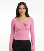 Square Neck Gathered Long Sleeve Top with Sunburst Brooch