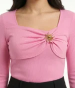 Square Neck Gathered Long Sleeve Top with Sunburst Brooch - Image 2
