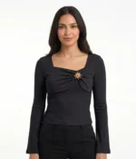 Square Neck Gathered Long Sleeve Top with Sunburst Brooch - Image 3