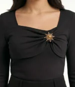Square Neck Gathered Long Sleeve Top with Sunburst Brooch - Image 4