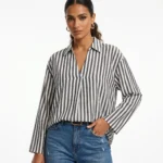 Vertical Stripe V-Neck Popover Shirt