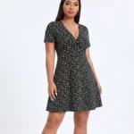 Ditsy Floral Surplice A-Line Mini Dress Black