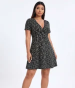 Ditsy Floral Surplice A-Line Mini Dress Black