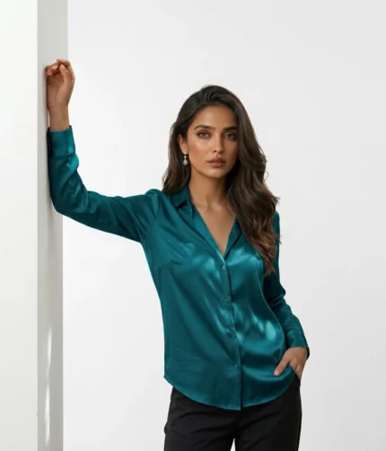 Classic Long Sleeve Satin Button-Down Shirt