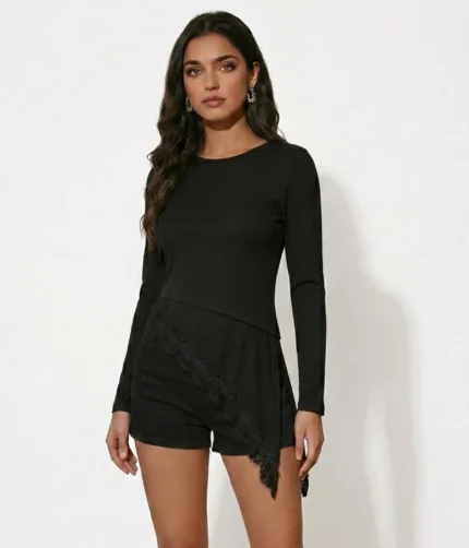 Asymmetric Lace Hem Long Sleeve Romper