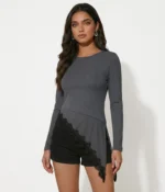 Asymmetric Lace Hem Long Sleeve Romper - Image 5
