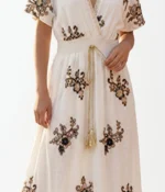 Golden Floral Embroidered V-Neck Maxi Dress - Image 2