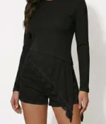 Asymmetric Lace Hem Long Sleeve Romper - Image 2