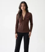 Gathered V-Neck Long Sleeve Top with Gold Hardware - Image 3