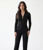 Gathered V-Neck Long Sleeve Top with Gold Hardware - Image 5