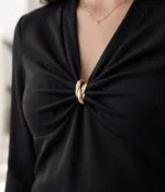 Gathered V-Neck Long Sleeve Top with Gold Hardware - Image 6