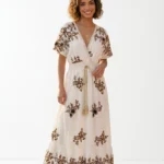 Golden Floral Embroidered V-Neck Maxi Dress