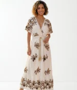 Golden Floral Embroidered V-Neck Maxi Dress