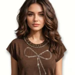 Beaded Neckline Rhinestone Bow T-Shirt