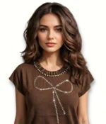 Beaded Neckline Rhinestone Bow T-Shirt