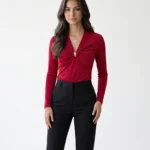 Gathered V-Neck Long Sleeve Top with Gold Hardware