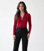Gathered V-Neck Long Sleeve Top with Gold Hardware