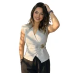 Sleeveless Surplice Wrap Top with Gold Buckle