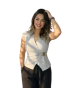 Sleeveless Surplice Wrap Top with Gold Buckle