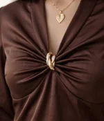 Gathered V-Neck Long Sleeve Top with Gold Hardware - Image 4