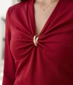 Gathered V-Neck Long Sleeve Top with Gold Hardware - Image 2