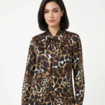 Leopard Print Satin Pussy-Bow Blouse