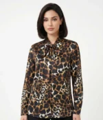 Leopard Print Satin Pussy-Bow Blouse