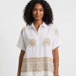 Floral Embroidered Linen-Blend Short Sleeve Shirt