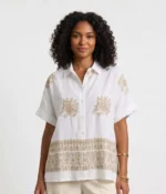 Floral Embroidered Linen-Blend Short Sleeve Shirt