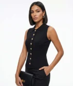 Sleeveless Rib-Knit Polo Cardigan with Pearl Buttons - Image 3