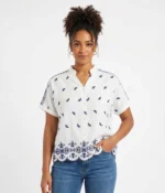 Embroidered Scallop Hem Short Sleeve Shirt