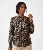 Leopard Print Satin Pussy-Bow Blouse - Image 3