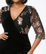 Velvet Floral Sequin Wrap Dress - Image 2
