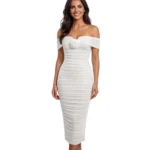 White Ruched Rose Midi Dress