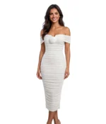 White Ruched Rose Midi Dress