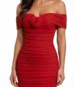 Red Ruched Rose Midi Dress - Image 2