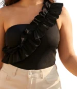 One-Shoulder Ruffle Ribbed Top - Image 2