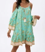 Turquoise Floral Cold-Shoulder Dress